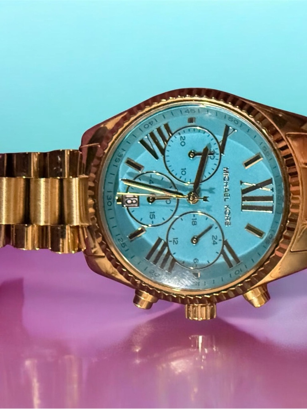 Michael Kors Gold-Tone Watch with Turquoise Blue Dial